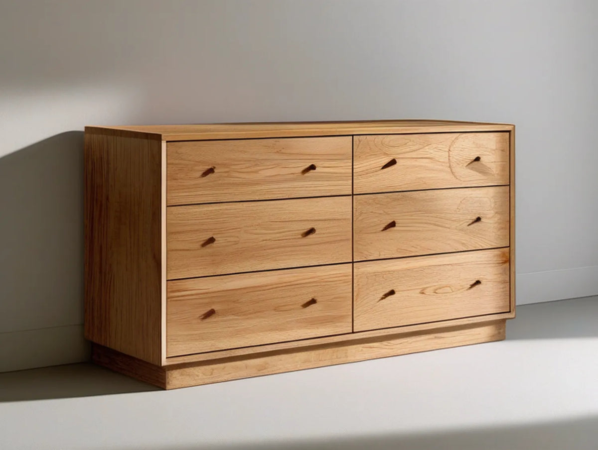Natural Oak 6-Drawer Dresser, 60 x 18 x 32 in