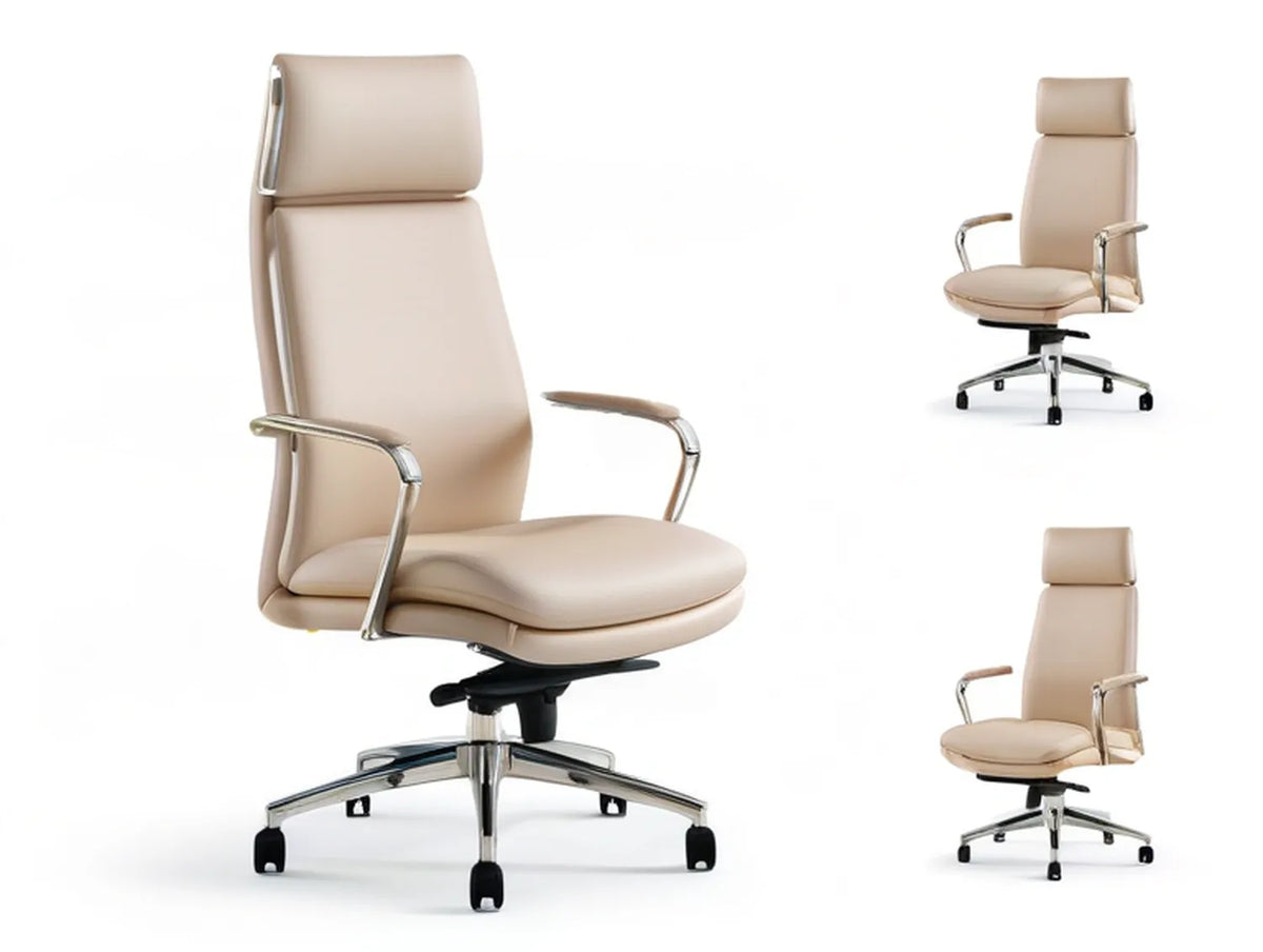Beige PU Leather High-Back Swivel Chair with Adjustable Headrest, 27.6 x 27.6 x 46.5-50.4 in