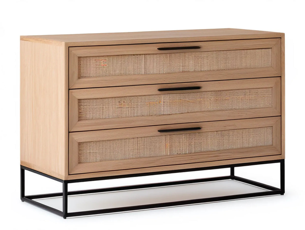 3-Drawer Rattan Panel Dresser, Natural Oak and Black, 47.2 in W x 15.7 in D x 31.5 in H
