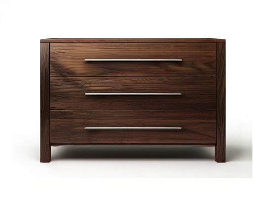 Solid Walnut Wood 3-Drawer Dresser, Dark Brown with Silver Pulls, 60 x 18 x 34 in
