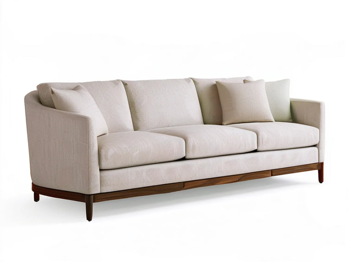 Ivory 3-Seater Upholstered Sofa, 90 x 38 x 34 in, with Dark Walnut Rubberwood Base
