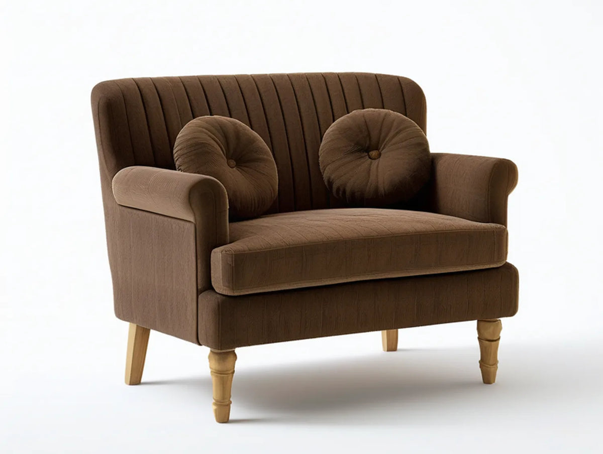 Brown 58 x 33 x 35 in. Polyester Corduroy Loveseat with Round Throw Pillows and Light Brown Wood Legs