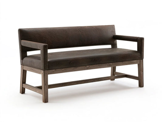 Brown PU Leather Loveseat with Dark Brown Rubberwood Frame, 57 x 31 x 32 in, 2-Seater