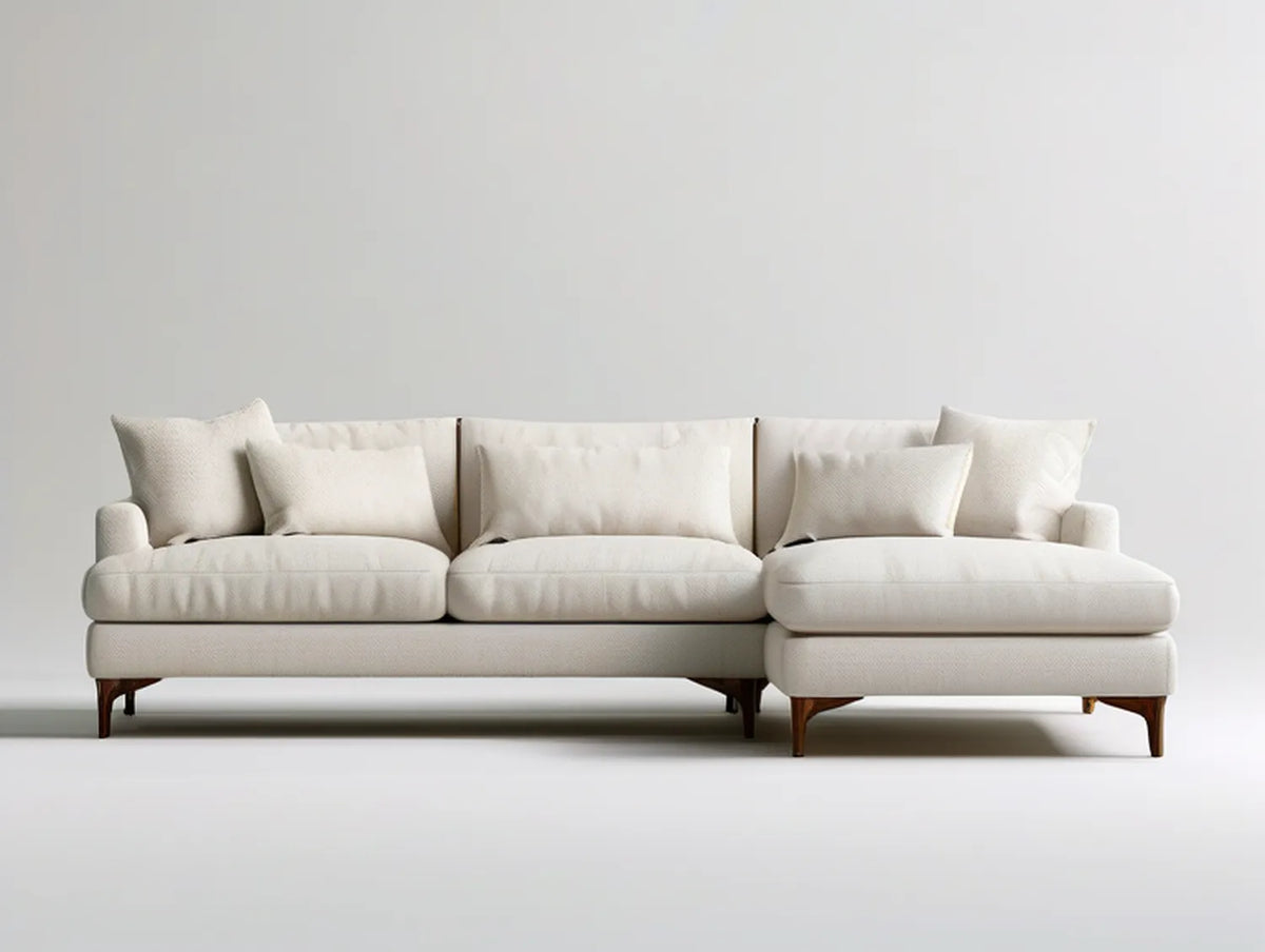Cream Right-Facing Chaise Sofa, 110 x 65 x 34 in, Polyester Upholstery with Dark Brown Rubberwood Legs