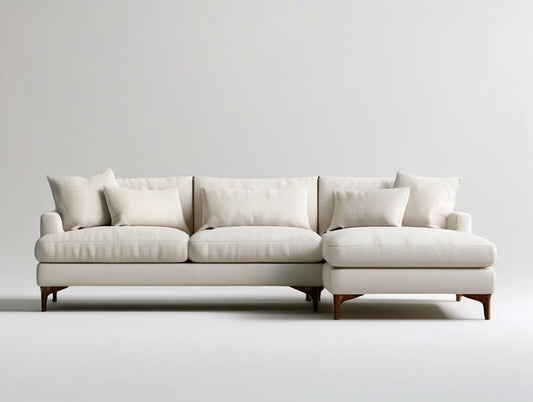 Cream Right-Facing Chaise Sofa, 110 x 65 x 34 in, Polyester Upholstery with Dark Brown Rubberwood Legs