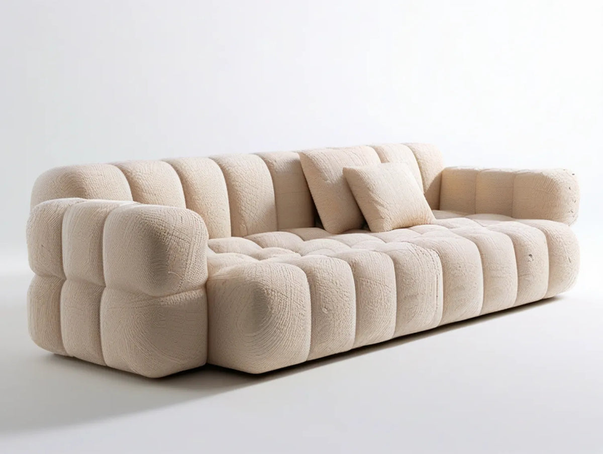 Ivory Curved Boucl茅 Upholstered 3-Seater Sofa, 90 x 38 x 30 in