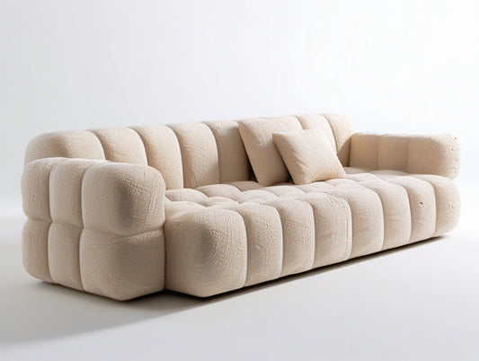 Ivory Curved Boucl茅 Upholstered 3-Seater Sofa, 90 x 38 x 30 in